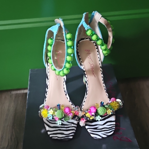 Betsey Johnson Blue and Green Embellished Zebra-Accent Heels - Picture 3 of 12